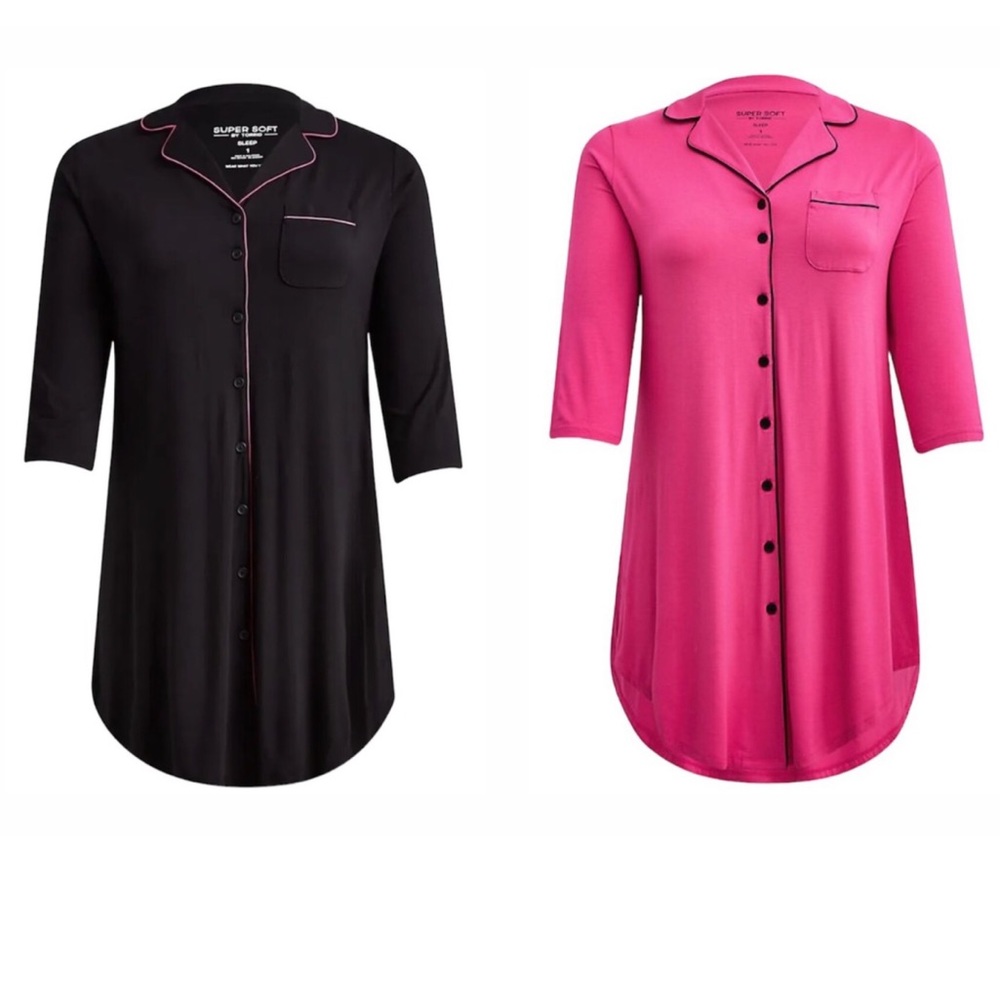 2 Torrid Super Soft Button Sleep Shirts NWT Size 1x 1 plus nightgowns black pink